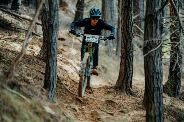Gravity Jam Mystic Bike Park 2027 Mountain bike rider on singletrail offroad surrounded by pine trees in bright victoria